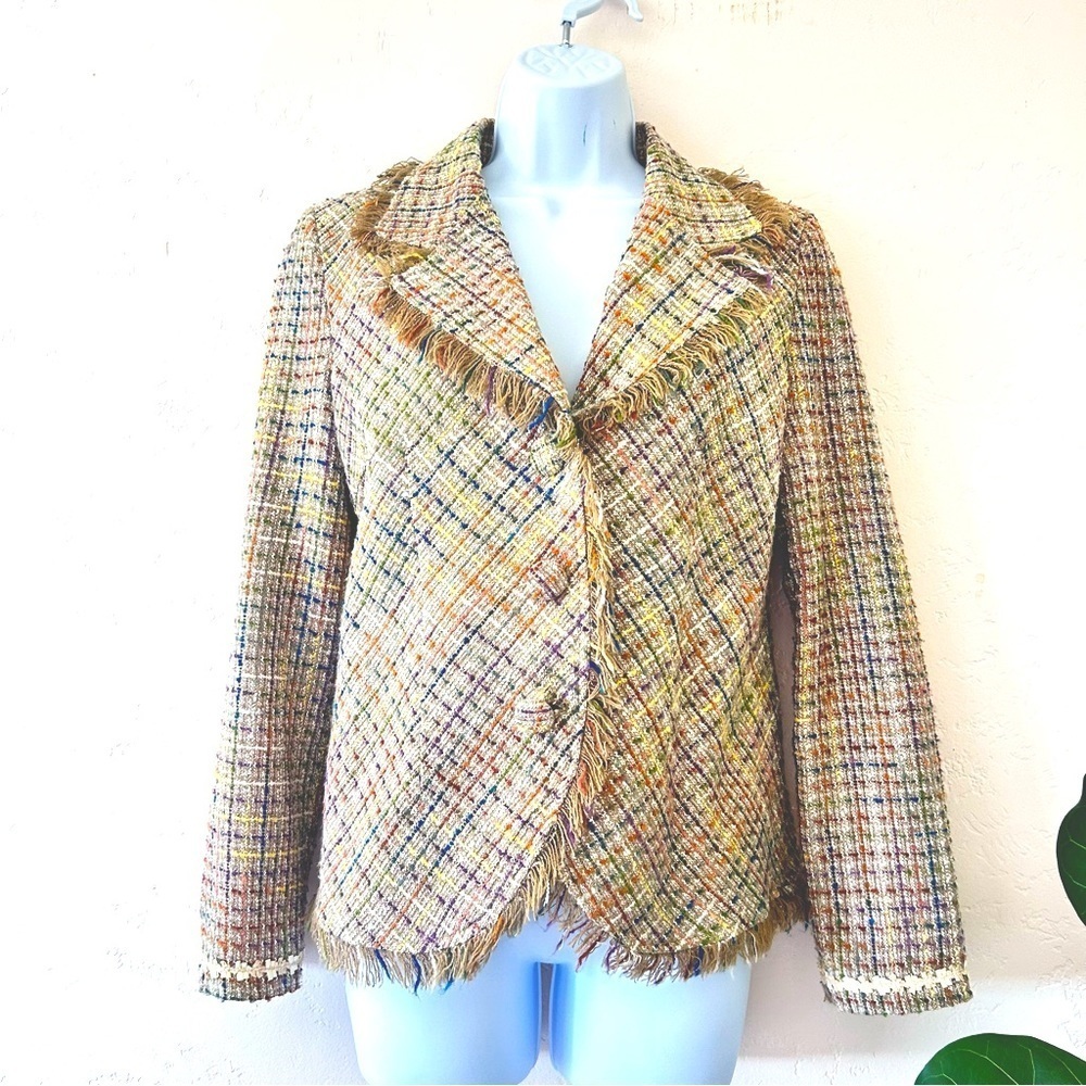 Vintage 90s Pastel Tweed Blazer with Fringe Trim Size S Academia Preppy